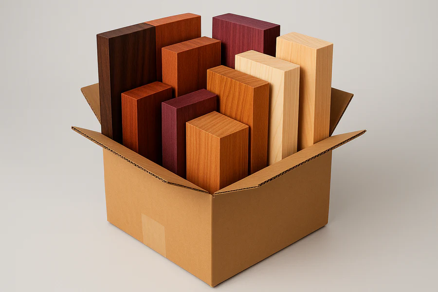 Tools Wood Shop -Tools Wood Shop 12 inch x 12 inch x 12 inch cardboard box filled with domestic and exotic hardwoods minimum 6 inches wide